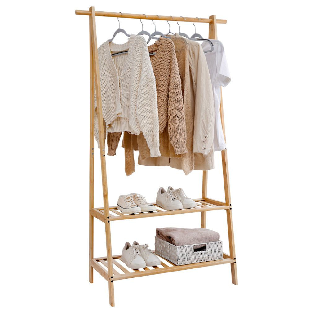 DECOPATENTKledingrek van bamboe hout - Houten kledingstandaard kamer / hal / garderobe of slaapkamer - Kleding rek met 2 - Garderoberek - Kledingstandaard - Decopatent® - 𝕍𝕖𝕣𝕜𝕠𝕠𝕡 ✪ 𝕔𝕠𝕞