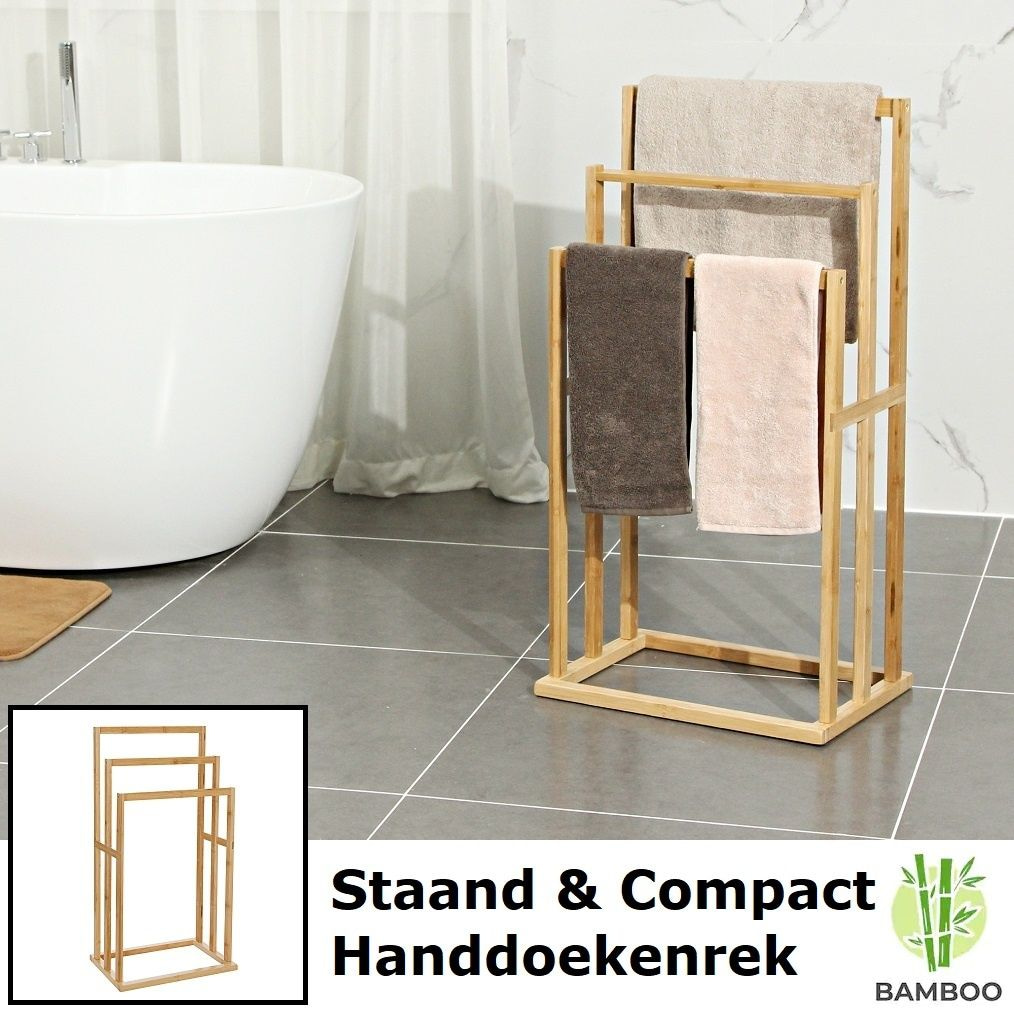 rek kaart R DECOPATENTVrijstaand handdoekenrek voor badkamer – Staand handdoekrek van  bamboe hout – Handdoek droogrek met 3 armen - Handdoekrek - Decopatent -  𝕍𝕖𝕣𝕜𝕠𝕠𝕡 ✪ 𝕔𝕠𝕞