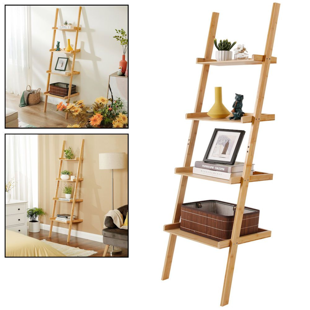 DECOPATENTLadderrek van bamboe hout - Houten decoratie ladder - Open ladderkast / bamboe ladder / plantentrap / boekenkast / traprek / rek - luxe opbergrek 4 treden - Decopatent® - 𝕍𝕖𝕣𝕜𝕠𝕠𝕡 ✪ 𝕔𝕠𝕞