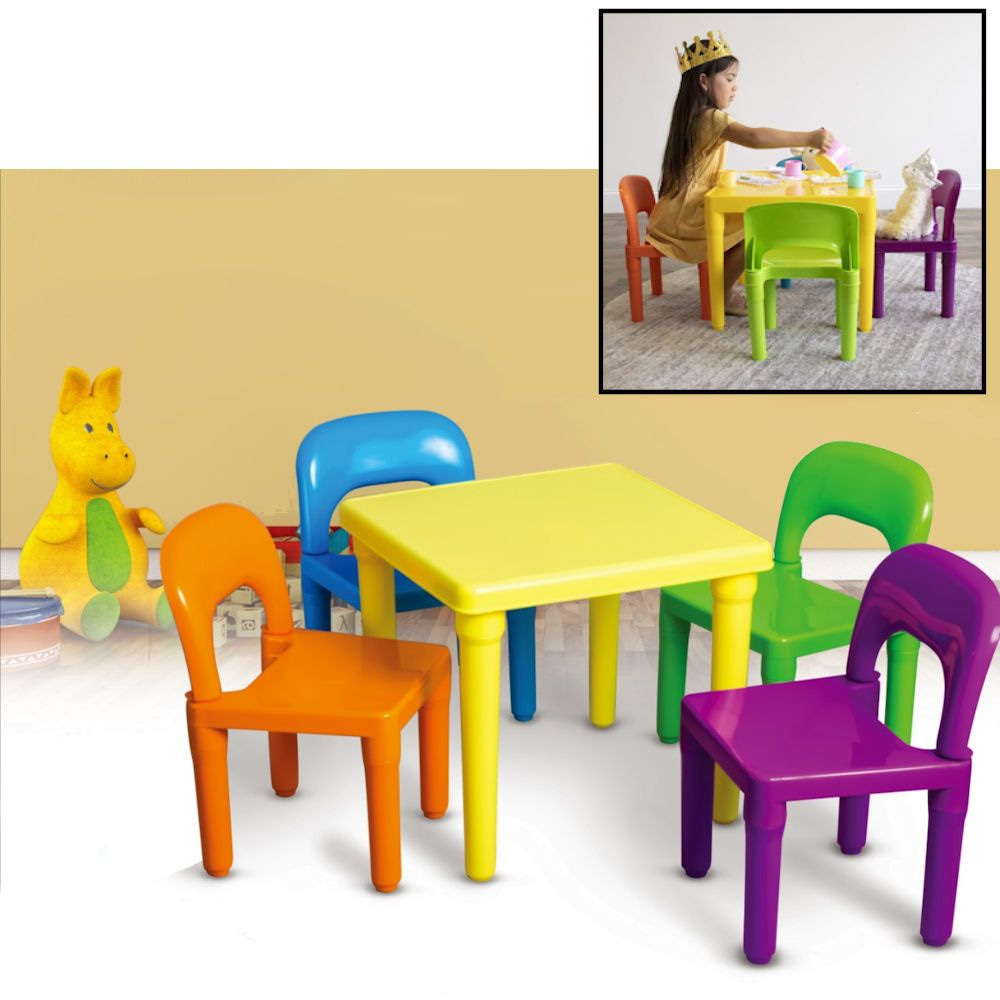 Aannemer thermometer kern DECOPATENTKindertafel met stoeltjes van kunststof - 1 tafel en 4 stoelen  voor kinderen - Multi Color Gekleurde Tafel & Stoelen - Kleurtafel /  speeltafel / knutseltafel / tekentafel / zitgroep set - Kindertafel en  stoeltjes - Decopatent ...