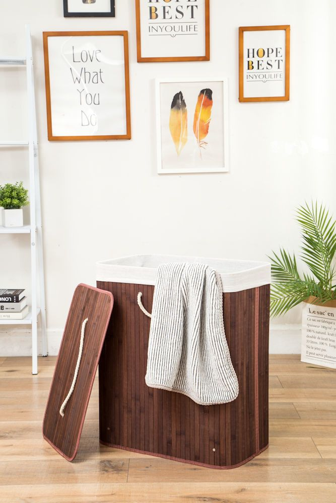 DECOPATENTGrote Bamboe Wasmand 2 vakken met Deksel & stoffen Waszak Bamboe wasbox wassorteerder - Inhoud wasmand 110 liter - Wasmand voor wasgoed - Wasmanden Opvouwbaar - Wasmand met deksel - Bruin - Decopatent® - 𝕍𝕖𝕣𝕜𝕠𝕠𝕡 ✪ 𝕔𝕠𝕞