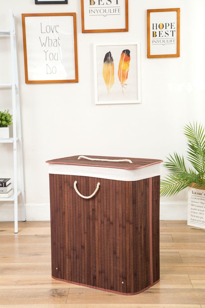 DECOPATENTGrote Bamboe Wasmand 2 vakken met Deksel & stoffen Waszak Bamboe wasbox wassorteerder - Inhoud wasmand 110 liter - Wasmand voor wasgoed - Wasmanden Opvouwbaar - Wasmand met deksel - Bruin - Decopatent® - 𝕍𝕖𝕣𝕜𝕠𝕠𝕡 ✪ 𝕔𝕠𝕞