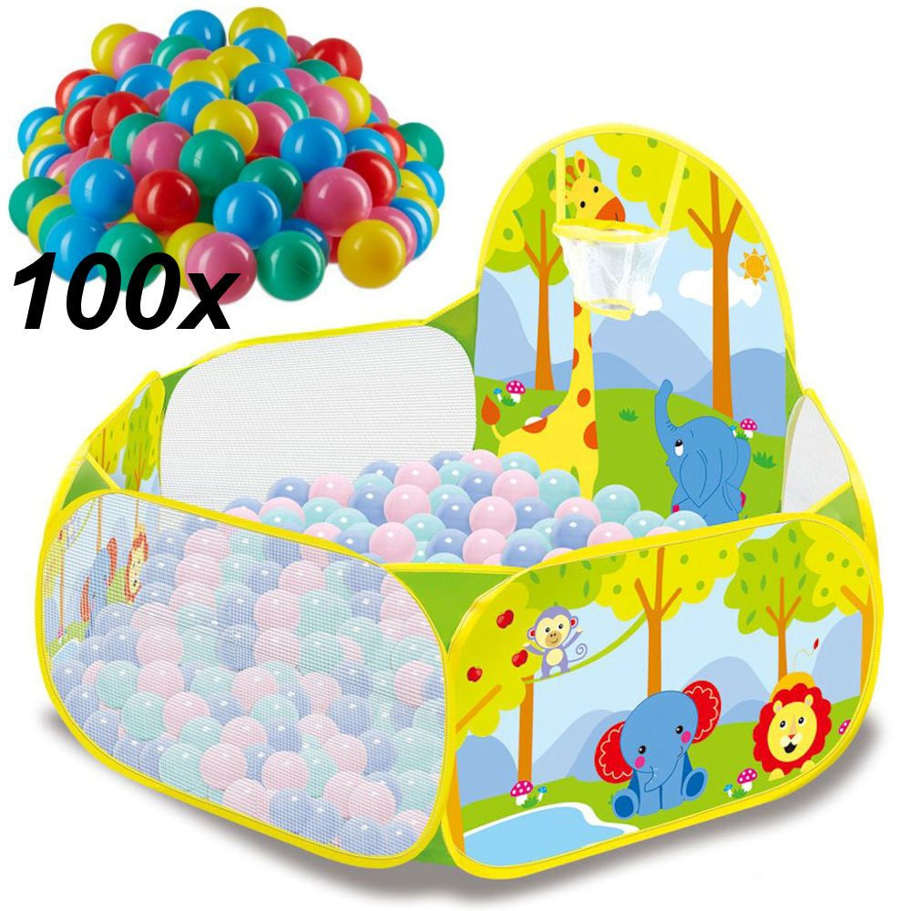 DECOPATENTBallenbak met Basketbal Net & Inclusief 100 Ballen - Baby Speelgoed Ballenbak met Vrolijke Dieren print Ballenbad voor kinderen - Zeshoekig ballenbad - Ballentent Pop up systeem - Ballenbak met 100 stuks ballen - Decopatent ...