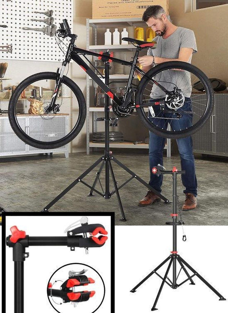 DECOPATENTFiets Montagestandaard - 360° draaibaar - In Hoogte verstelbaar +  Gereedschapsbakje \u0026 Stuurhouder - Fietsstaander / Ophangsysteem - Fiets  montage reparatie standaard - Voor Racefiets, Mtb, Mountainbike, Fietsen -  Montage standaard Fiets 
