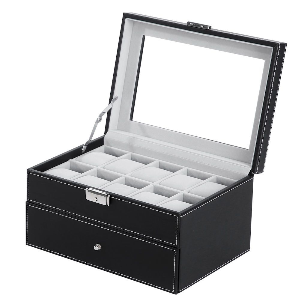 DECOPATENTLuxe horlogebox voor 20 horloges - Heren en Dames horloge box -  Grote horlogedoos / horlogekist in zwart met grijs - PU leer - XXL 2 etages  - Decopatent® - 𝕍𝕖𝕣𝕜𝕠𝕠𝕡 ✪ 𝕔𝕠𝕞