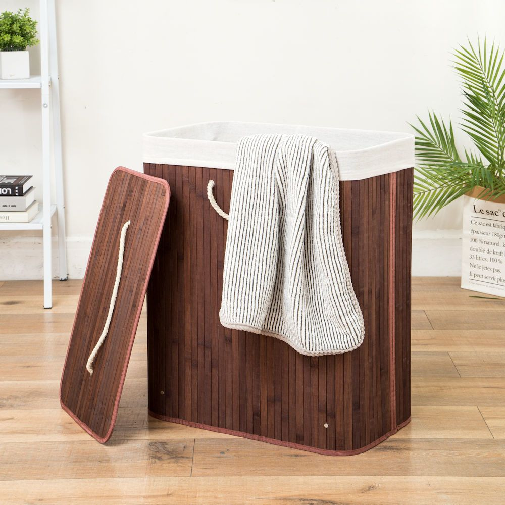 DECOPATENTGrote Bamboe Wasmand 2 vakken met Deksel & stoffen Waszak Bamboe wasbox wassorteerder - Inhoud wasmand 110 liter - Wasmand voor wasgoed - Wasmanden Opvouwbaar - Wasmand met deksel - Bruin - Decopatent® - 𝕍𝕖𝕣𝕜𝕠𝕠𝕡 ✪ 𝕔𝕠𝕞