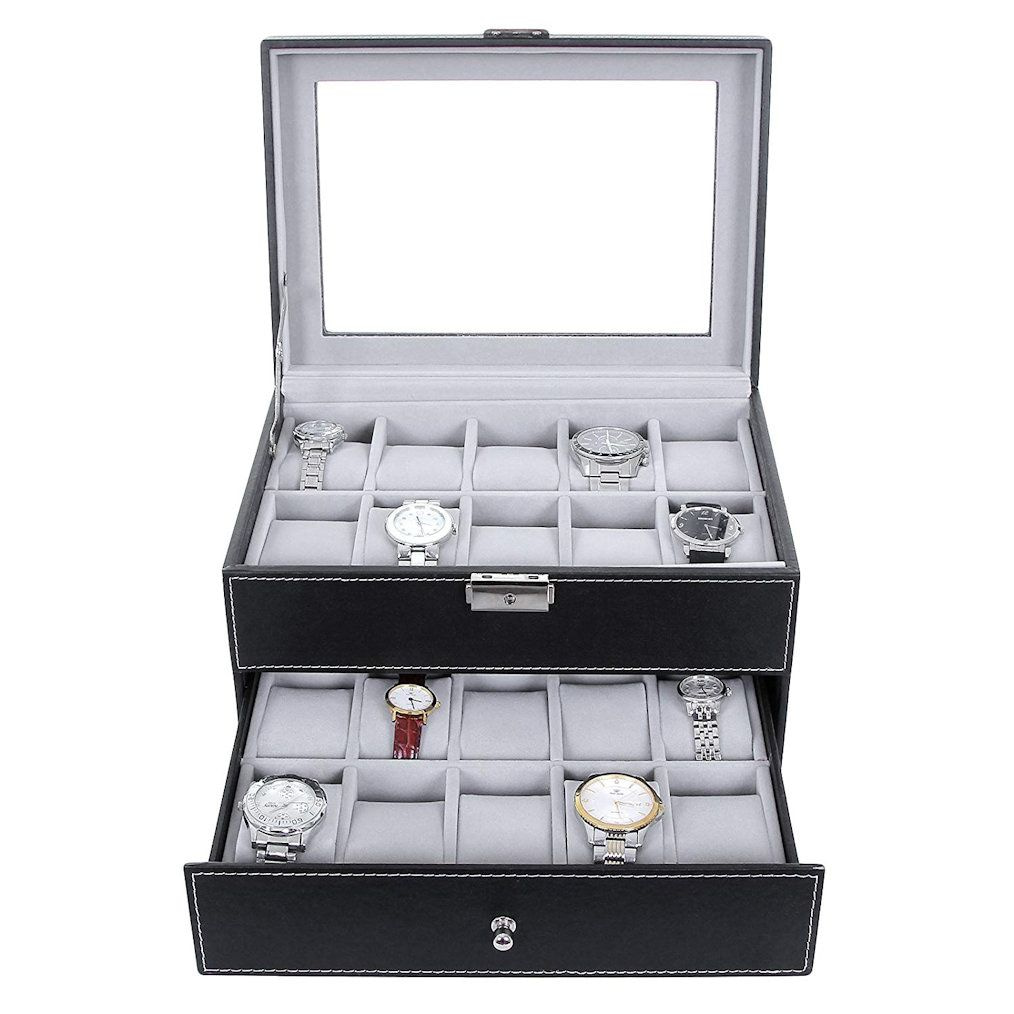 DECOPATENTLuxe horlogebox voor 20 horloges - Heren en Dames horloge box -  Grote horlogedoos / horlogekist in zwart met grijs - PU leer - XXL 2 etages  - Decopatent® - 𝕍𝕖𝕣𝕜𝕠𝕠𝕡 ✪ 𝕔𝕠𝕞