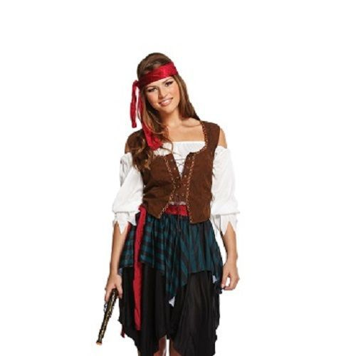 HENBRANDTVOLWASSENEN VROUW 5-delig Pirates off The kostuum, bestaande uit Hoofdband, Shirt, Overhemd, Riem en Rok | Piraat | Kleur: rood, wit en bruin | Carnavalskleding | Verkleedkleding | Dames | Maat: