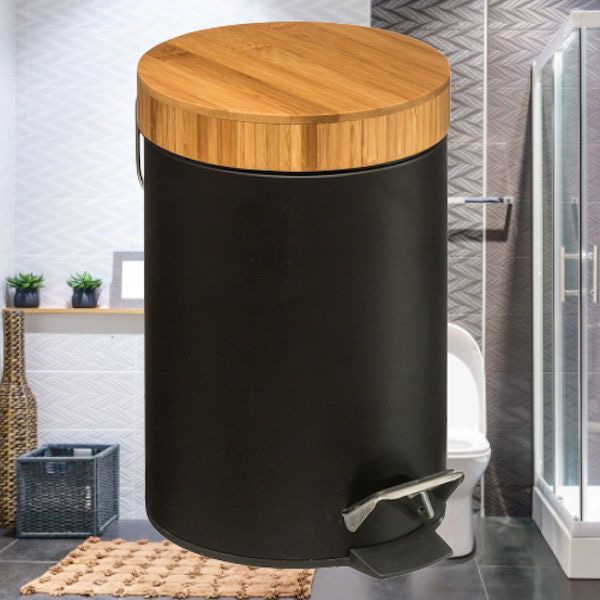 3 liter - Met Bamboe Houten Deksel - Pedaalemmer 3L - Prullenbak - toilet 17Øx25.5 Cm - Mat Zwart - 𝕍𝕖𝕣𝕜𝕠𝕠𝕡 ✪ 𝕔𝕠𝕞