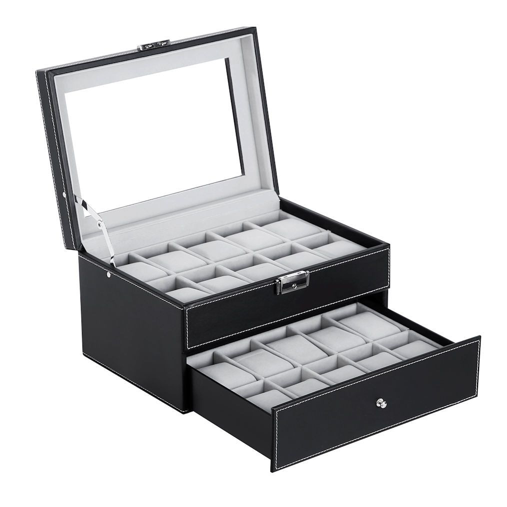 DECOPATENTLuxe horlogebox voor 20 horloges - Heren en Dames horloge box -  Grote horlogedoos / horlogekist in zwart met grijs - PU leer - XXL 2 etages  - Decopatent® - 𝕍𝕖𝕣𝕜𝕠𝕠𝕡 ✪ 𝕔𝕠𝕞
