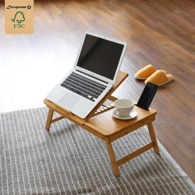 DECOPATENTLaptoptafel voor Bank of bed van bamboe hout - Met Telefoon & Tablet houder - Hoogte kantelbaar & - Bedtafel / Banktafel voor laptop, boek, tablet - Ontbijt op