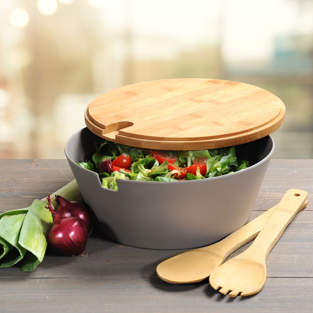 KESPERSalade Ø26 Cm - Saladeschaal FSC® Bamboe Deksel en 2 Salade Lepels - Slakom - Salade - Afm 26x26x11 Cm - SET - 𝕍𝕖𝕣𝕜𝕠𝕠𝕡 ✪ 𝕔𝕠𝕞