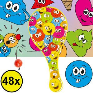 Decopatent 48 STUKS Smiley Paddle Bat Bal Spel met Elastiek - Speelgoed Traktatie Uitdeelcadeautjes voor kinderen - Uitdeelcadeaus