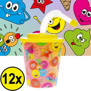 Decopatent Decopatent® 12 STUKS VROLIJKE SMILEY 3D Drink Beker met Rietje en Deksel - 250ML - Smilli Plastic Bekers - Kinderfeestje - Kinderverjaardag Bekertjes - Traktatie - Uitdeelcadeaus