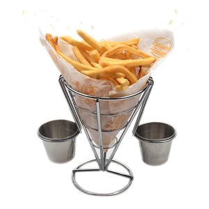 Decopatent Decopatent® RVS Patatzak - Frietzak houder met 2 Sausbakjes - Staande metalen Snack / Patatzak / Frietzak houder