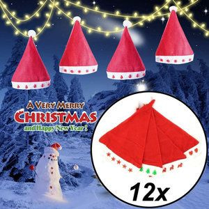 Decopatent 12 Stuks - MIX Kerstmuts met Verlichting - Kerstmutsen met Licht - Kerstmuts Volwassenen met Lampjes - Inclusief Batterijen