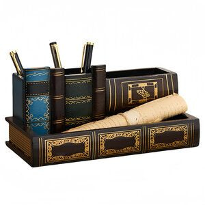 Decopatent Decopatent - Vintage Houten Pennenbak - Pennenhouder - Desk - Bureau organizer met 4 vakken - Hout - Pennenbakjes -Vintage Boeken Design - Afm: 24x12x11.5 Cm.